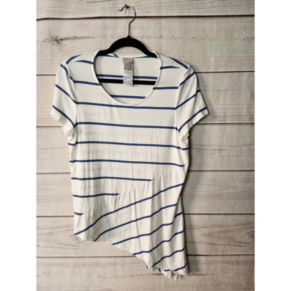 Chicos Womens T-Shirt White Blue Striped Short Sleeve Scoop Neck Asymmetric M 1